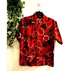 VTG Y2K ODO Hawaiian Shirt Men M Red Hibiscus Floral Tropical Aloha Camp Collar